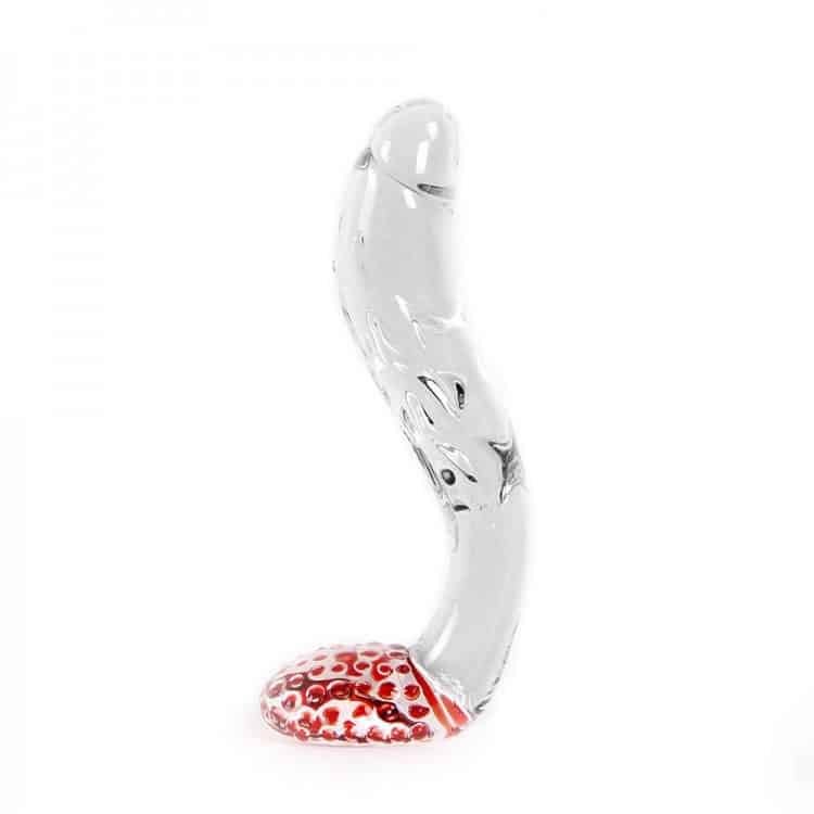 Erotisk - Glassdildo med pung - Blank med røde detaljer Erotisk - Glassdildo med pung - Blank med røde detaljer